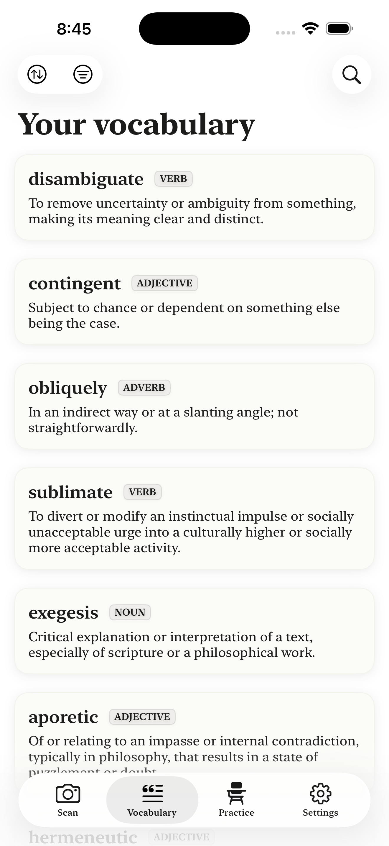 Vocabulary list screen