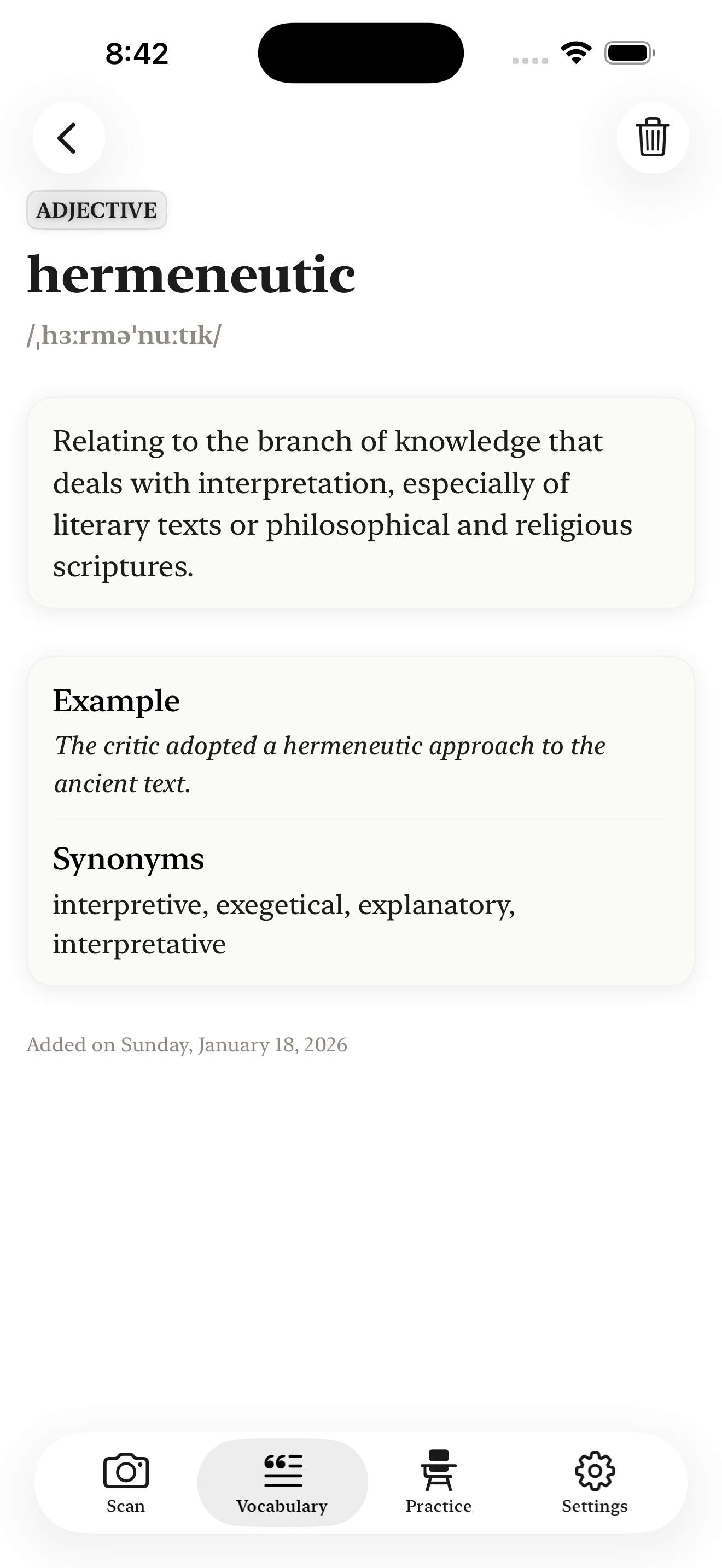 Ousia word detail screen